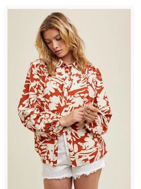 Ann Taylor LOFT White Rust Floral Button Blouse Shirt Top Tunic Farm House T82